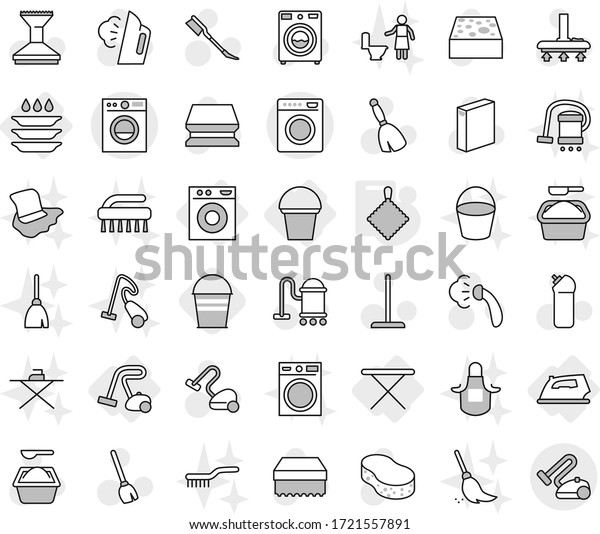 Editable thin line isolated vector icon set - iron,\
board, washing machine, bucket, vacuum cleaner, plate, rag, broom\
vector, mop, sponge, car fetlock, steaming, washer, powder,\
cleaning agent