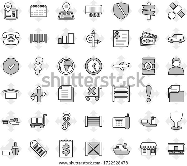 Editable thin line isolated vector icon set -\
route vector, signpost, navigator, earth, attention, office, plane,\
satellite, money, phone, support, ship, truck trailer, car, clock,\
calendar, receipt