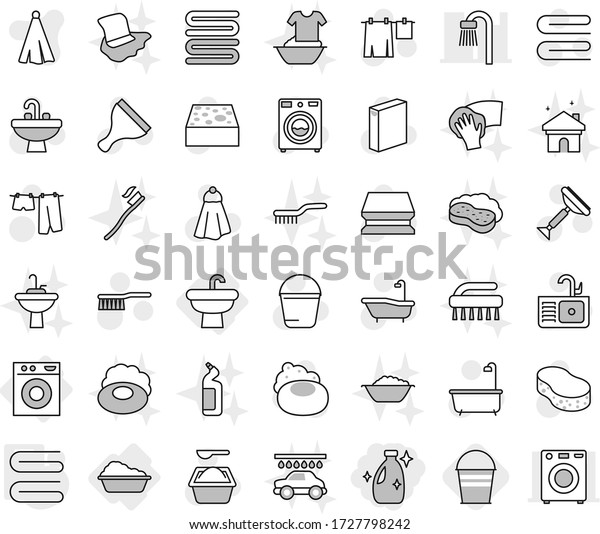 Editable thin line isolated vector icon set -
cleanser, sink, washing machine, towel, bucket, soap vector,
scraper, fetlock, sponge, bath, drying clothes, washer, powder,
tooth brush, wiping,
basin