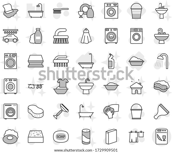 Editable thin line isolated vector icon set - sink,\
bath, washing machine, bucket, soap vector, scraper, fetlock,\
sponge, towel, drying clothes, washer, powder, shower, shampoo,\
dish cleanser, basin