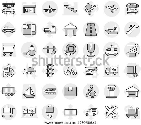 Editable thin line isolated vector icon set -\
cargo stoller, ambulance car vector, stairs, gas station, road,\
plane, delivery, sea shipping, port, package box, consolidated,\
fragile, sun\
potection