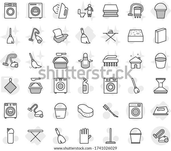Editable thin line isolated vector icon set - iron,\
board, washing machine, broom, bucket, vacuum cleaner, rag, vector,\
mop, sponge, car fetlock, steaming, washer, powder, cleaning agent,\
house