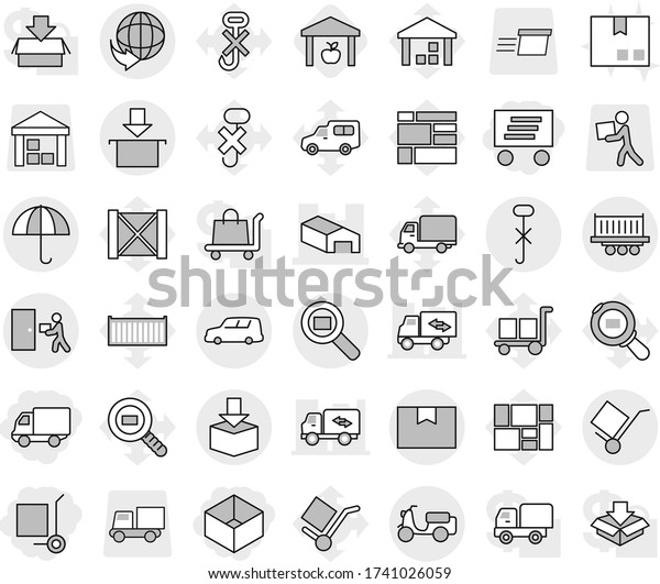 Editable thin line isolated vector icon set - box,\
delivery, cargo stoller, warehouse, truck shipping, car, scooter,\
package, trolley, dry, do not hook sign, courier, search, sea\
container vector