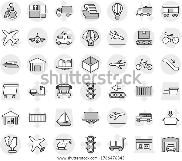 Editable thin line isolated vector icon set - box,\
bike, ambulance car vector, helicopter, gas station, traffic light,\
plane, consolidated cargo, warehouse, railroad shipping,\
transporter tape,\
boat