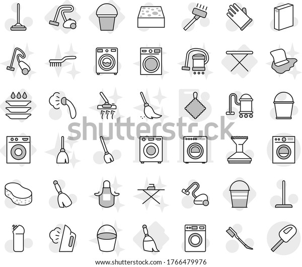 Editable thin line isolated vector icon set - iron\
board, washing machine, broom, bucket, vacuum cleaner, plate, rag,\
vector, mop, sponge, car fetlock, steaming, washer, powder,\
cleaning agent