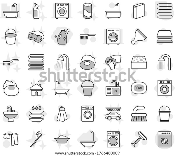 Editable thin line isolated vector icon set -\
cleanser, bath, washing machine, bucket, plate, towel, soap vector,\
scraper, fetlock, sponge, drying clothes, washer, powder, shower,\
sink, tooth brush