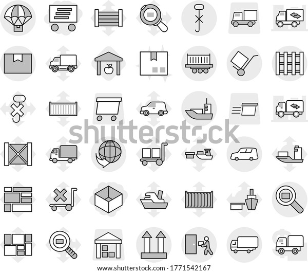 Editable thin line isolated vector icon set - box,\
delivery, sea shipping, truck, car, package, trolley, cargo top\
sign, do not hook, courier, search, pallet, parachute, warehouse,\
ship vector, port