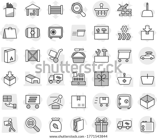 Editable thin line isolated vector icon set - gift,\
shopping bag, box, delivery, tools, warehouse, sun potection, cargo\
search, basket, fast deliver, car baggage, safe, repair, conveyor\
vector, wood