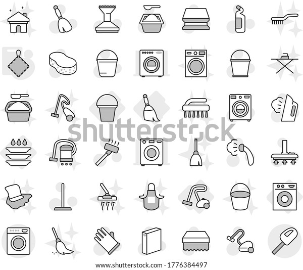 Editable thin line isolated vector icon set -\
washing machine, broom, bucket, vacuum cleaner, plate, rag, vector,\
mop, sponge, car fetlock, steaming, washer, powder, cleaning agent,\
rubber glove