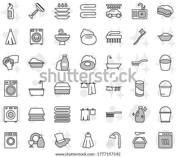 Editable thin line isolated vector icon set -\
cleanser, washing, plate, soap vector, scraper, fetlock, bucket,\
sponge, towel, bath, drying clothes, washer, powder, shower, sink,\
shampoo, tooth brush