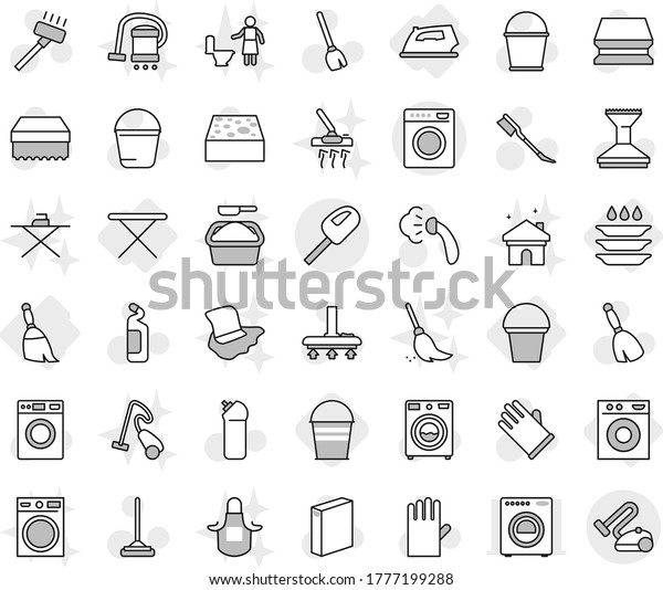 Editable thin line isolated vector icon set - iron,\
board, washing machine, broom, bucket, plate, vector, vacuum\
cleaner, mop, sponge, car fetlock, steaming, washer, powder,\
cleaning agent, house