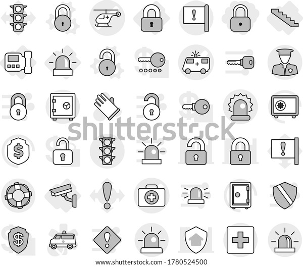 Editable thin line isolated vector icon set -\
lock, doctor case vector, ambulance car, helicopter, important\
flag, traffic light, alarm, security man, first aid, safe,\
lifebuoy, locked,\
intercome
