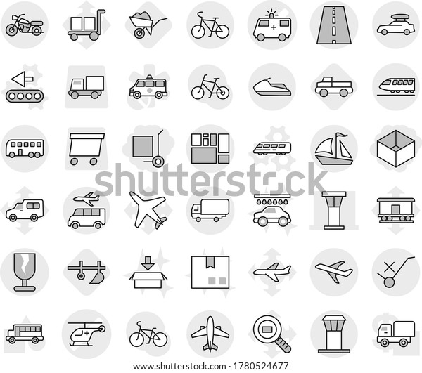 Editable thin line isolated vector icon set -\
box, cargo stoller, ambulance car vector, helicopter, airport\
tower, road, plane, shipping, consolidated, fragile, do not trolley\
sign, train, baggage