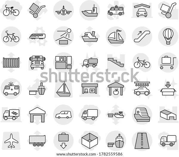 Editable thin line isolated vector icon set - box,\
delivery, bike, ambulance car vector, warehouse, stairs, gas\
station, road, plane, sea shipping, port, consolidated cargo, sun\
potection, sail boat
