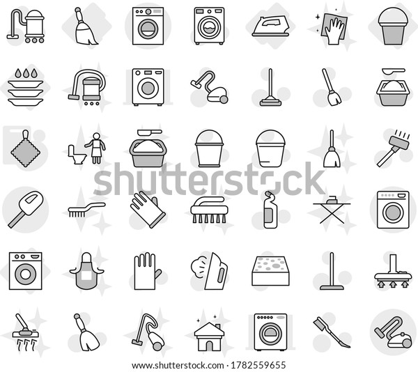 Editable thin line isolated vector icon set -\
iron, washing machine, broom, bucket, plate, rag, vector, vacuum\
cleaner, mop, sponge, car fetlock, steaming, washer, powder,\
cleaning agent,\
wiping