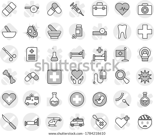Editable thin line isolated vector icon set -\
doctor bag vector, medical cross, heart, label, case, mortar,\
hospital bed, ambulance car, helicopter, sperm, tooth, flag, virus,\
health care, scalpel