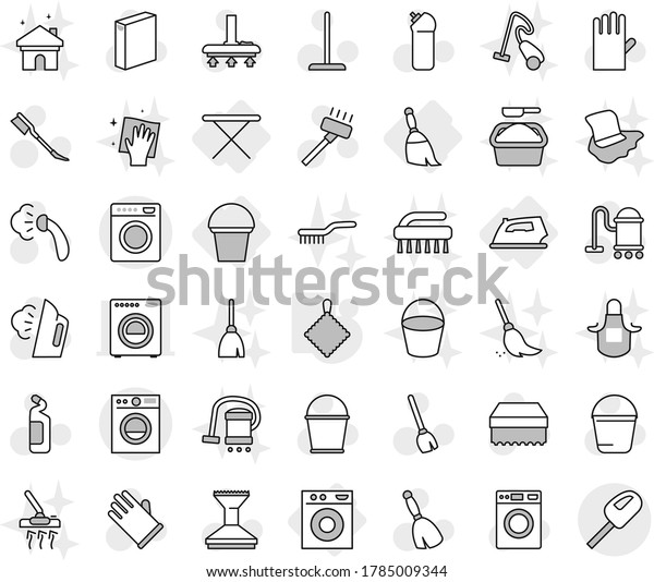 Editable thin line isolated vector icon set -\
iron, board, washing machine, broom, bucket, rag, vector, vacuum\
cleaner, mop, sponge, car fetlock, steaming, washer, powder,\
cleaning agent,\
wiping