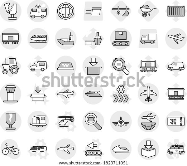 Editable thin line isolated vector icon set -\
ambulance car vector, plane, sea shipping, fragile, package, cargo\
search, railroad, transporter tape, broken, train, trailer, taxi,\
airport tower, plow