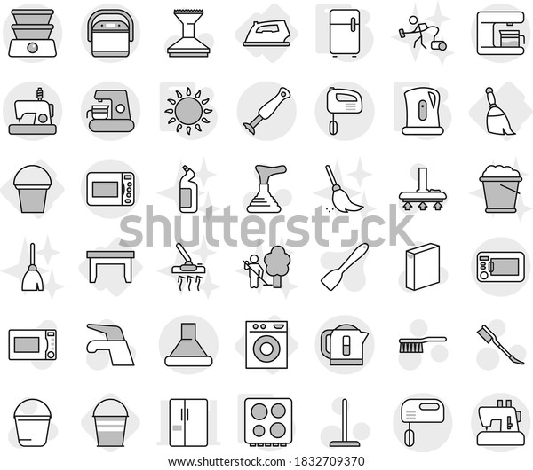 Editable thin line isolated vector icon set - table,\
iron, washing machine, broom, bucket, kettle, gas oven, hob,\
fridge, plunger vector, water tap, vacuum cleaner, fetlock, mop,\
car, powder, foam
