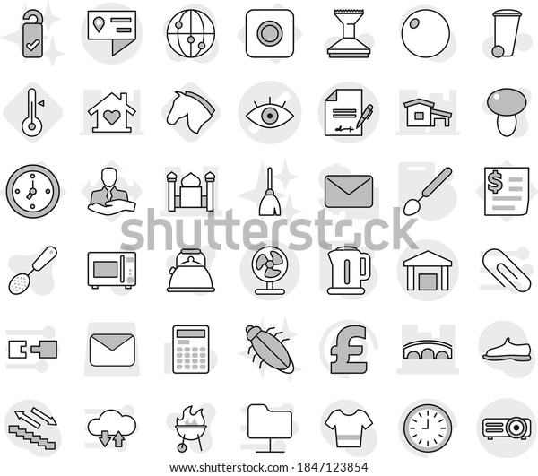 Editable thin line isolated vector icon set - eye\
vector, minaret, bridge, location details, warehouse, inventory,\
watch, ring button, kettle, big spoon, thermometer, horse, trash\
bin, car fetlock