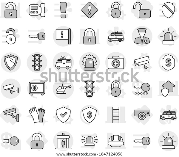 Editable thin line isolated vector icon set -\
unlock, doctor case vector, ambulance car, helicopter, stairs,\
building helmet, important flag, traffic light, alarm, security\
man, detector, shield
