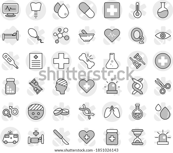 Editable thin line isolated vector icon set -\
medical cross vector, heart, bandaged head, dna, crutch, pill,\
recipe, ambulance car, flask, monitor pulse, tooth implant, lungs,\
bed, siren, molecule