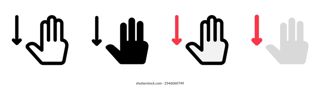 Tres dedos editables deslizan hacia abajo el ícono del Vector. Parte de una gran familia de iconos. Perfecto para interfaces de Web y App, presentaciones, infografías, etc