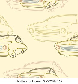 Ilustración vectorial clásica del coche retro de la vista oblicua de tres cuartos editable en estilo de la historieta del contorno con algunos Colores como patrón inconsútil para el Transporte o el hobby