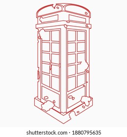 Bearbeitbare Drei-Viertel-Anzeige-Grunge Typische traditionelle englische Telefonkabine in Outline-Stil Vektorgrafik für England Kultur Tradition und Geschichte verwandtes Design