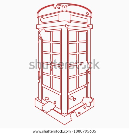 Editable Three-Quarter Oblique View Grunge Typical Traditional English Telephone Booth in Outline Style Vector Illustration for England Culture Tradition and History Related Design