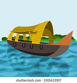 Editable Three-Quarter Oblique View Indian Keralan Houseboat Backwater Vector Illustration With Green Bush for Artwork Element of Transportation or Recreation of Southwestern India Related Design