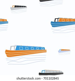 Editable Three-Quarter Oblique View Narrow Boat Vector Illustration in Flat Style Seamless Pattern for Creating Background of Transportation or Recreation of United Kingdom or Europe Related Design