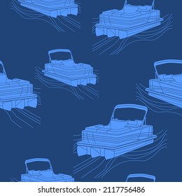 Editable Three-Quarter Semi Top Oblique Front View American Pontoon Boat on Wavy Lake Vector Illustration Dark Seamless Pattern for Creating Background of Transportation or Recreation Related Design