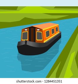 Editable Three-Quarter Top Front Side Oblique View Canal Boat On Calm Blue River Water Vector Illustration For Artwork Of Transportation Or Recreation Of United Kingdom Or Europe Related Design