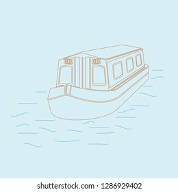 Editable Three-Quarter Top Front Side Oblique View Floating Canal Boat On Water Vector Illustration In Outline Style For Transportation Or Recreation Of United Kingdom Or Europe Related Artwork