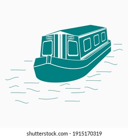 Editable Three-Quarter Top Front Side Oblique View Floating Canal Boat On Water Vector Illustration In Flat Monochrome Style For Transportation Or Recreation Of United Kingdom Or Europe Related Design