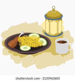 Editable Three-Quarter Top View Chicken Biryani Rice, A Mug of Coffee, With Arab Lantern Vector Illustration for Ramadan Iftar Party Poster or Cafe With Middle Eastern Culture Design Concept