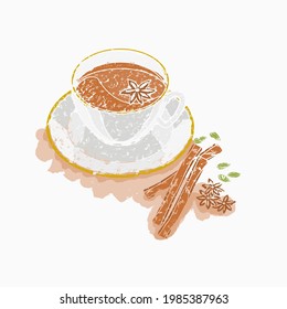 Vista superior Masala Chai editable de tres cuartos con Star Anise Topping y otras especies de hierbas Ilustración vectorial en brocas para elementos de arte de bebidas con cultura y tradición del sur de Asia