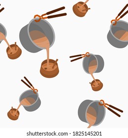 Editable Three-Quarter Top View of Pouring Masala Chai from Pan into Pottery Cup Vector Illustration Seamless Pattern for Creating Background of Beverages With South Asian Culture and Tradition