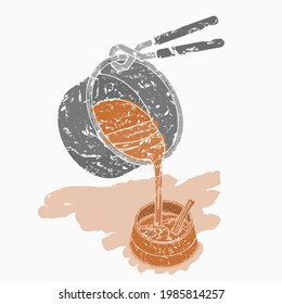 Editable Three-Quarter Top View Pouring Masala Chai from Pan into Pottery Cup Vector Illustration in Brush Strokes Style for Artwork Element of Beverages With South Asian Culture and Tradition Design