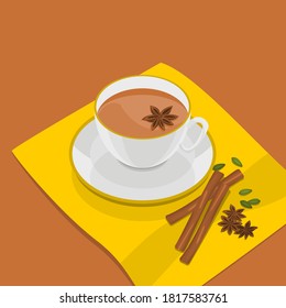 Ilustración editable de un vector de visión superior de tres cuartos de una Copa Blanca de Masala Chai sobre una servilleta amarilla con un Topping Star Anise y otras especias de hierba