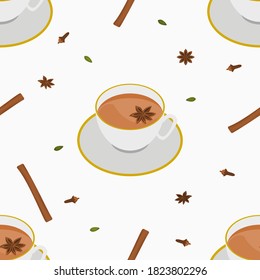 Editable Three-Quarter Top View White Cup of Masala Chai with Star Anise Topping and Herb Spices Vector Illustration Seamless Pattern for Background of Beverages With South Asian Culture and Tradition