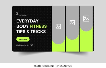Editable thumbnail cover banner design, fitness body everyday cover banner, Body fitness tips and tricks thumbnail design, customizable vector eps 10 file format