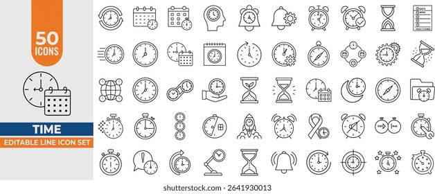 Editable Time Line Icon Set – Modern Thin Line Vector Clocks, Timers, Alarms and Stopwatches. Editable Stroke. Vector illustration