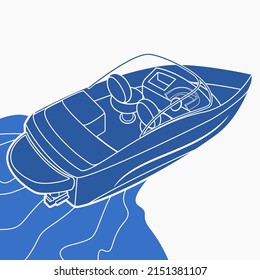 Editable Top Back Oblique View American Bowrider Boat on Water Vector Illustration in Monochrome Style for Artwork Element of Transportation or Recreation Related Design svg