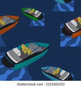 Editable Top Back Oblique View American Bowrider Boats in Various Colors on Water Vector Illustration as Seamless Pattern for Creating Background of Transportation or Recreation Related Design svg