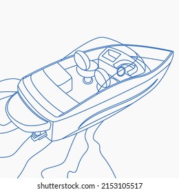 Editable Top Back Oblique View American Bowrider Boat on Water Vector Illustration in Outline Style for Artwork Element of Transportation or Recreation Related Design svg