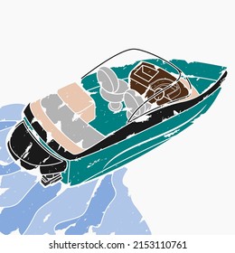 Editable Top Back Oblique View American Bowrider Boat on Water Vector Illustration in Brush Strokes Style for Artwork Element of Transportation or Recreation Related Design svg