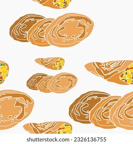 Editable Top Side View Classic Open And Rolled Indian Masala Dosa With Potato Fill Vector Illustration Seamless Pattern for Background of Cuisine Related Design With South Asian Culture and Tradition