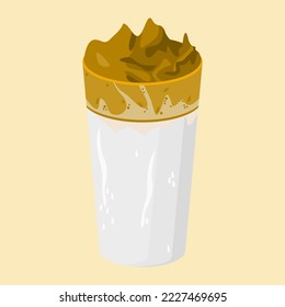 Editable Top Side View Iced Korean Dalgona Coffee Vector Illustration in Long Glass Mug for Cafe and Beverage Related Design